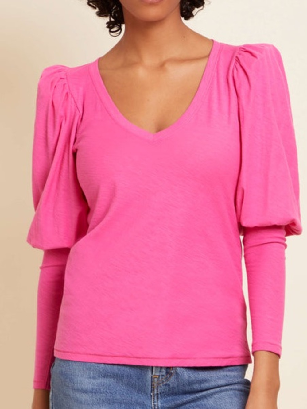 Nation Ltd Tee Top Womens XS Emilia Long Drama Puff Sleeve Vneck Pink Boho